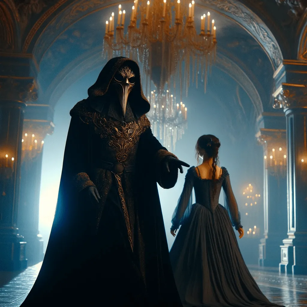 DALL·E 2023 12 05 01.09.39 A Dark Cloaked Figure The Guardian With A Mask Completely Obscuring Their Face Approaching Lidya In The Mystical Ballroom
