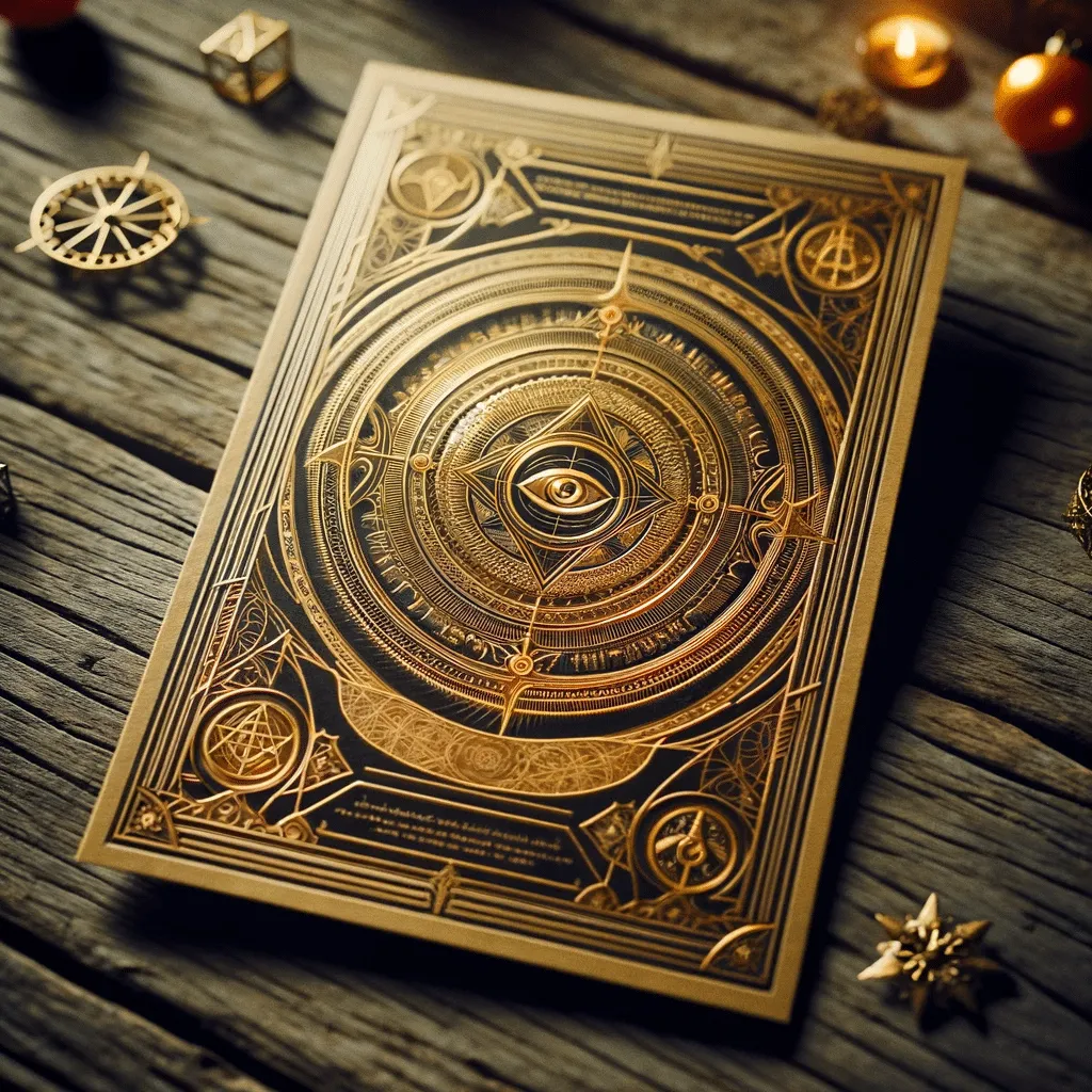DALL·E 2023 12 05 01.10.04 A Detailed View Of A Mysterious Golden Invitation With Intricate Symbols Lying On An Old Wooden Table