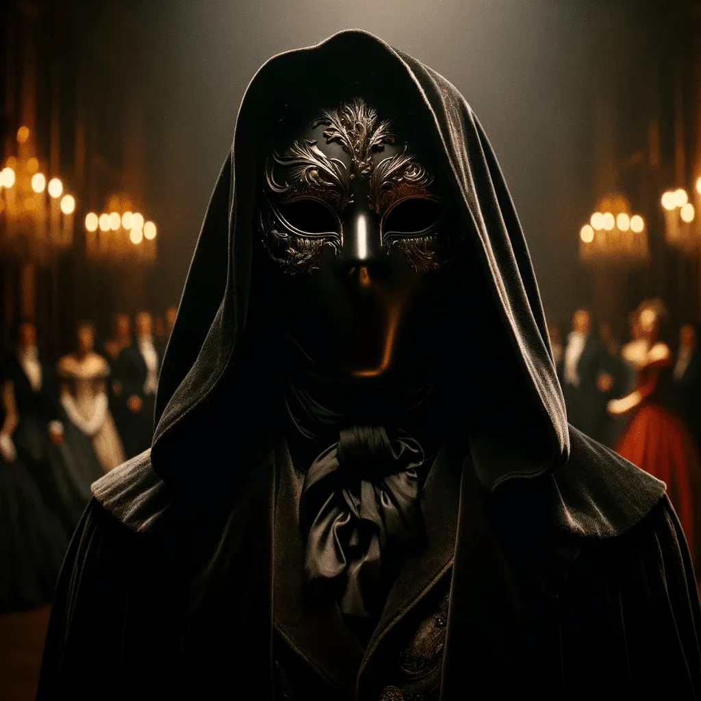 DALL·E 2023 12 05 01.10.24 A Dark Cloaked Figure With A Mask Completely Obscuring Their Face Standing Ominously In The Shadows Of The Ballroom Eyes Fixed On Lidia 1