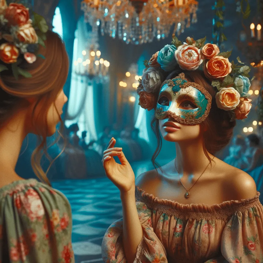 DALL·E 2023 12 05 01.10.27 A Young Woman With A Flower Adorned Mask Representing Lost Love Sharing Her Story With Lidia In A Mystical Ballroom 1