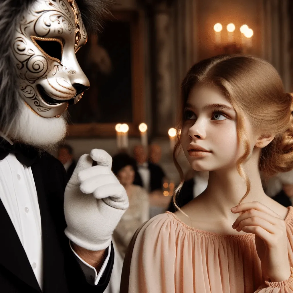 DALL·E 2023 12 05 01.10.33 A Young Woman Lidia Listening Intently To A Masked Gentleman With A Lion Mask In An Elegant Ballroom Setting