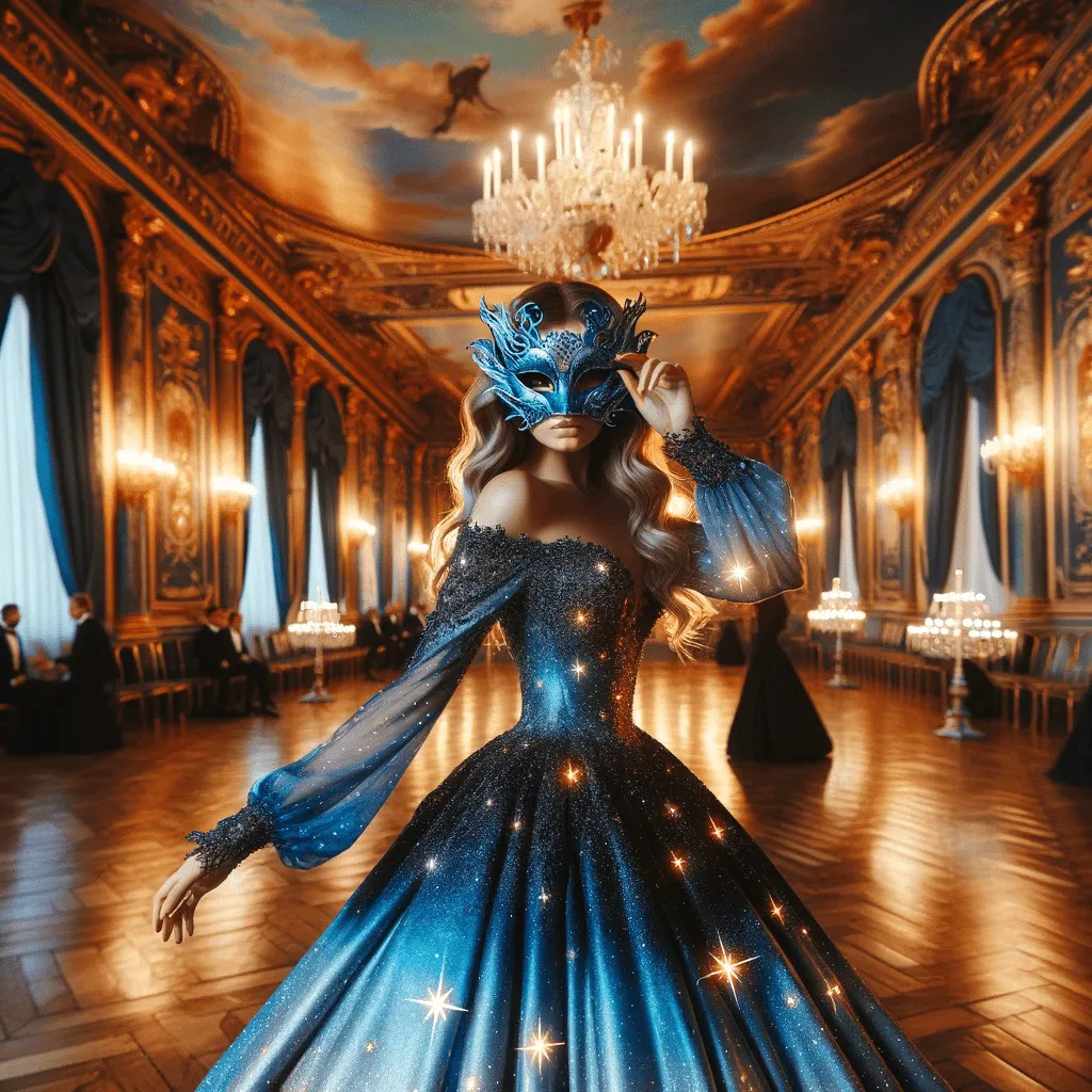 DALL·E 2023 12 05 01.10.37 A Mysterious Woman In A Celestial Blue Dress With A Mask That Shines Like The Night Sky Dancing In A Grand Ballroom