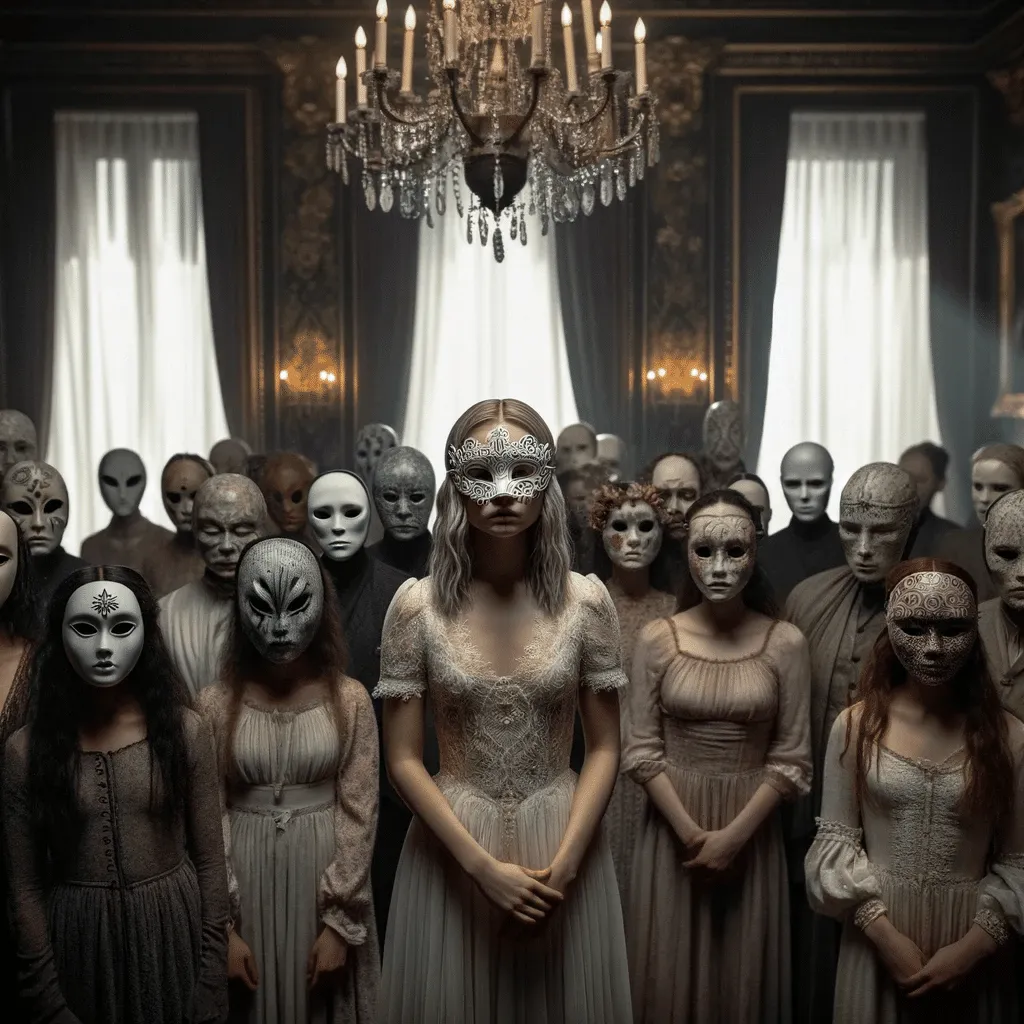 DALL·E 2023 12 05 01.31.59 A Somber Moment In The Ballroom With Lidya Surrounded By Spirits Each Revealing Their Own Story Through Unique Masks
