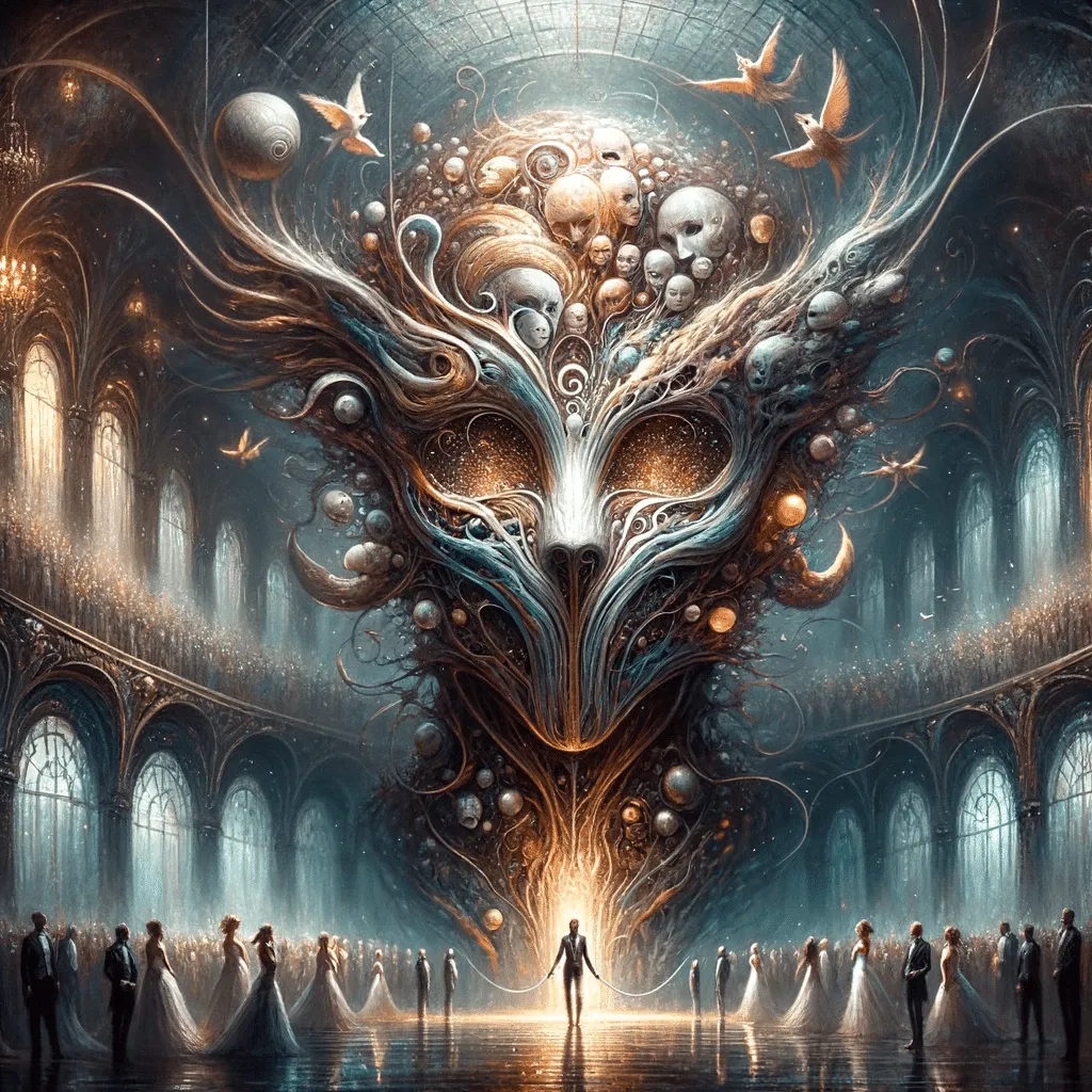 DALL·E 2023 12 05 01.32.12 The Guardians Mask Beginning To Unravel Revealing A Myriad Of Voices And Memories In A Pivotal Moment In The Ballroom