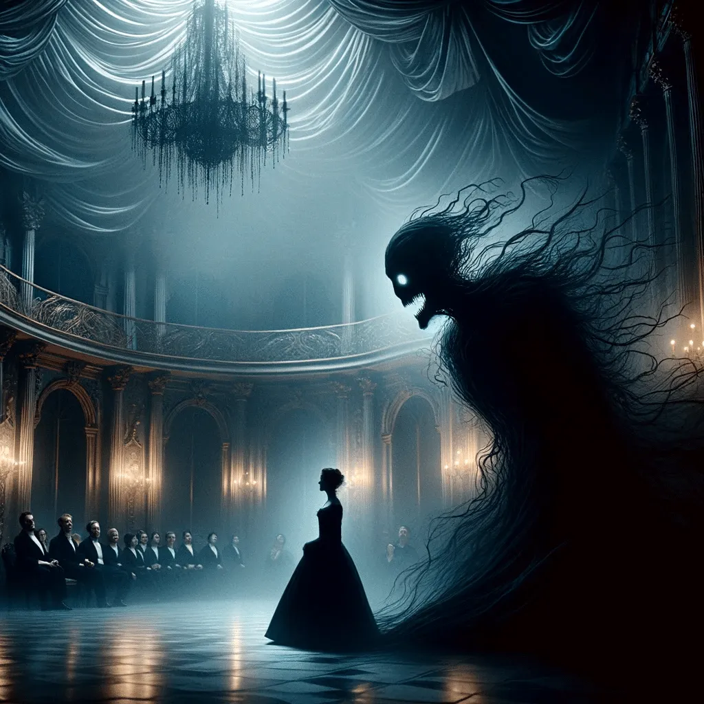 DALL·E 2023 12 05 01.32.20 A Haunting Scene In The Ballroom With The Guardian Standing Amidst Swirling Shadows Watching Lidya Intently