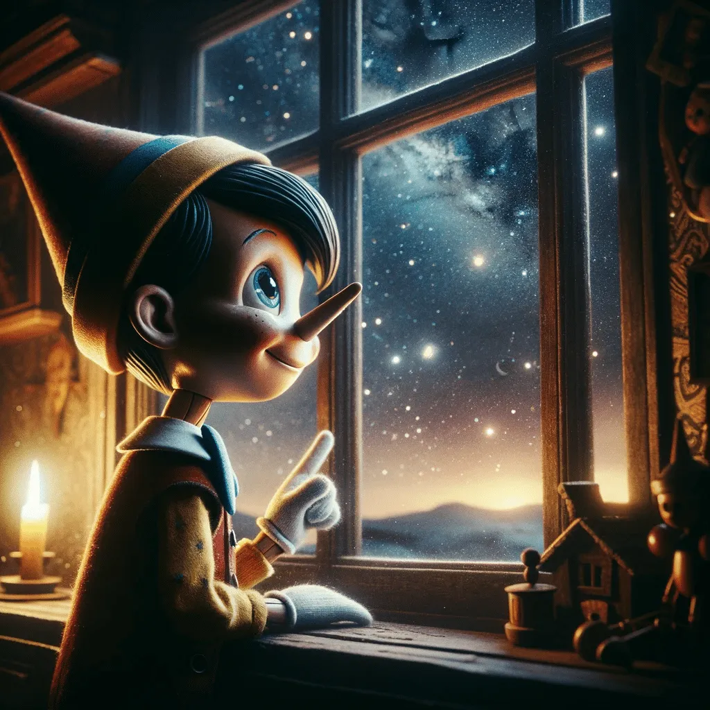 DALL·E 2023 12 08 14.53.29 An Enchanting Image Of Pinocchio Gazing Out Of The Window At The Starry Night Sky Full Of Wonder And Curiosity. The Room Is Dimly Lit With A Candle