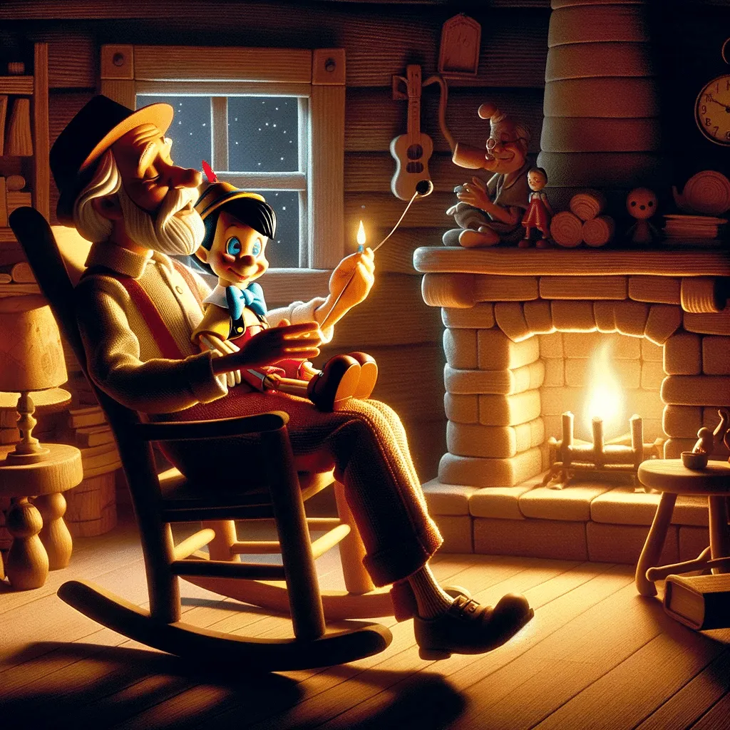 DALL·E 2023 12 08 14.53.33 A Serene Night Scene Where Gepetto Is Singing A Lullaby To Pinocchio In Their Cozy Home. The Room Is Softly Lit By A Warm Fireplace And A Small Lamp.