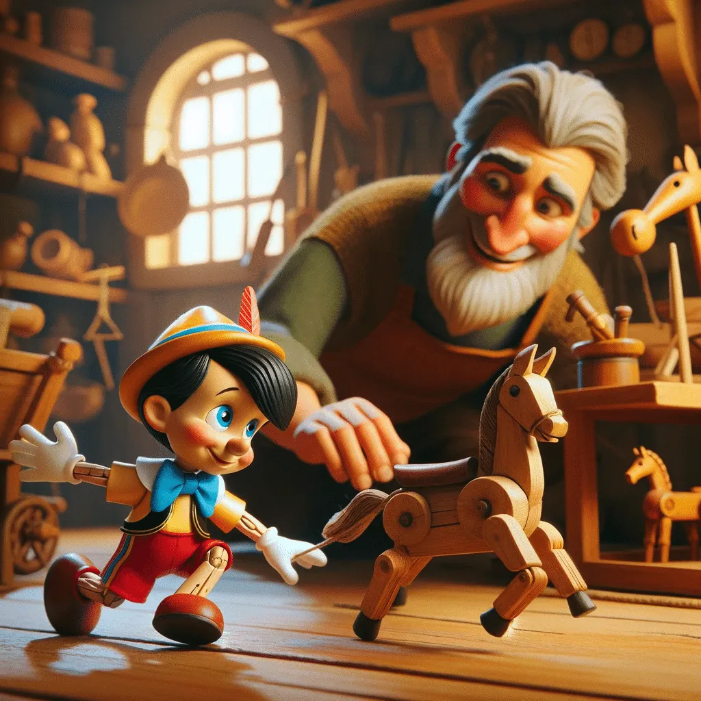 DALL·E 2023 12 08 14.53.40 A Playful Scene Where Pinocchio Is Learning To Walk But Hes Comically Stumbling Over A Wooden Toy Horse. Gepetto Watches With A Smile Ready To Catc