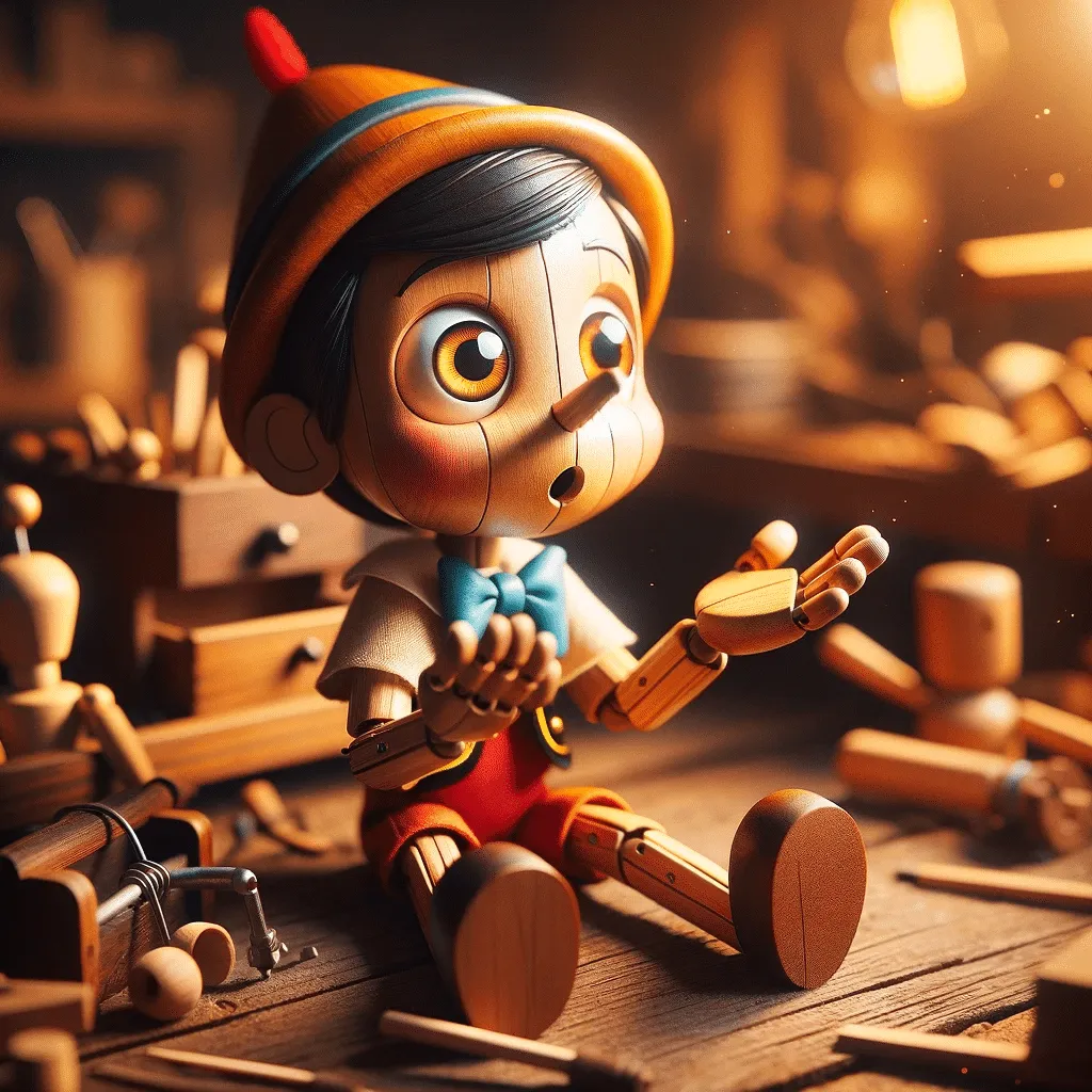 DALL·E 2023 12 08 14.53.48 A Whimsical Image Of The Wooden Puppet Pinocchio Coming To Life With Bright Curious Eyes And A Surprised Expression. He Is Sitting On A Workbench S