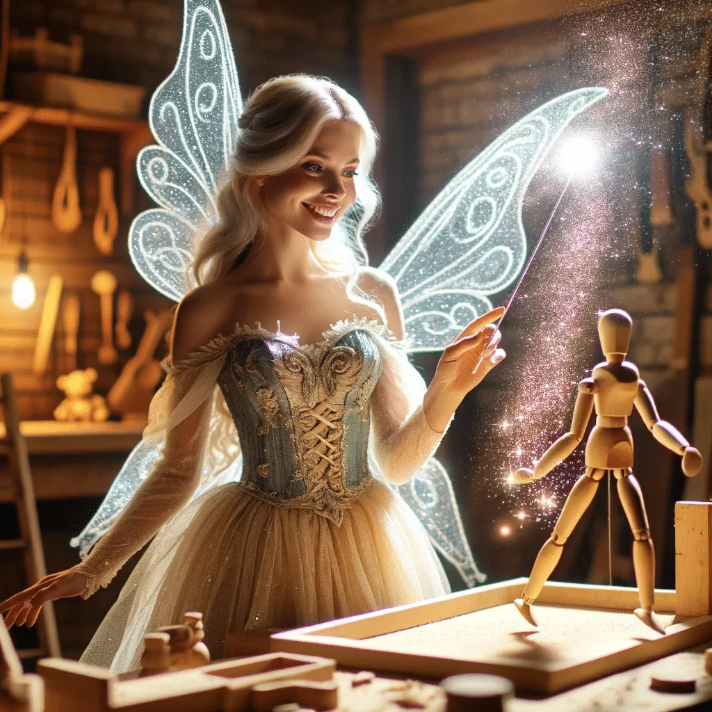 DALL·E 2023 12 08 14.53.52 A Magical Fairy With A Shimmering Dress And Glowing Wings Hovering In The Carpenters Workshop. Her Wand Is Emitting A Soft Radiant Light And Spark