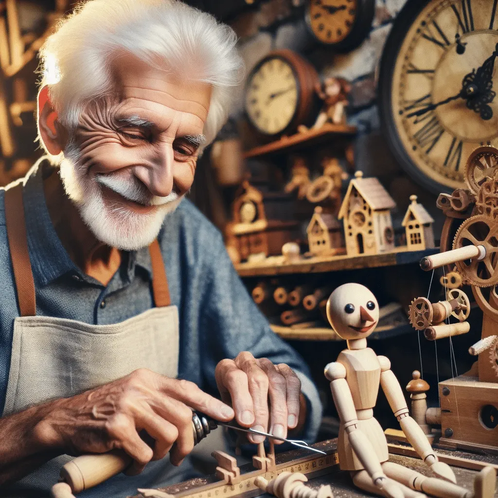 DALL·E 2023 12 08 14.53.56 An Elderly Kind Faced Carpenter With White Hair And A Gentle Smile Working In His Workshop. The Workshop Is Filled With Intricate Wooden Toys And Cl