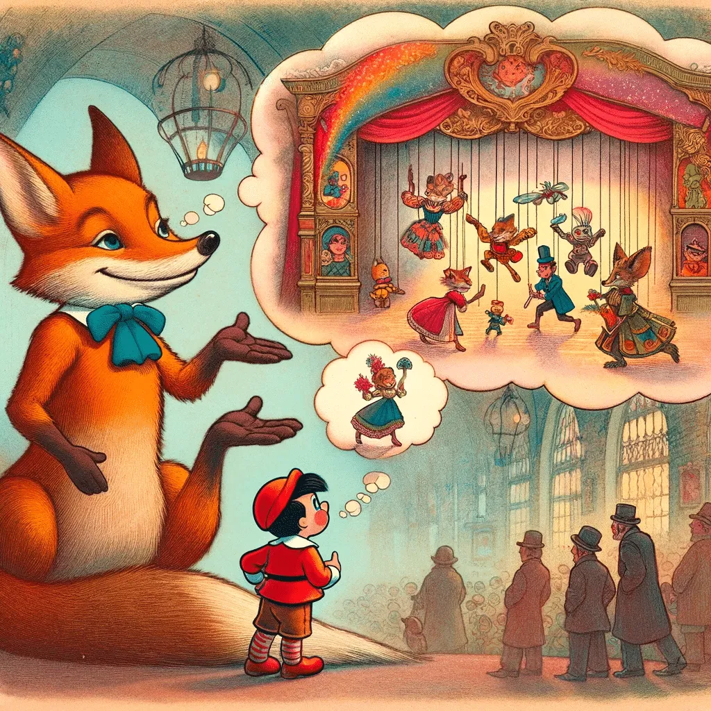 DALL·E 2023 12 08 17.19.55 Astuto The Fox Animatedly Gesturing With Thought Bubbles Above Him Showing Colorful And Fantastical Scenes Of Strombolis Marionette Theater While Pi