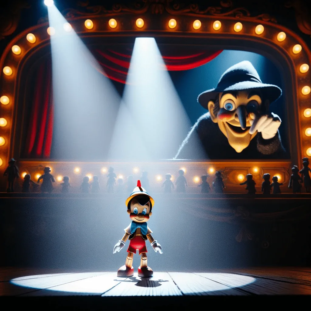 DALL·E 2023 12 08 17.20.25 Pinocchio At The Center Of The Stage Under Bright Lights In Strombolis Puppet Theater With Stromboli In The Background Looking At Him With A Mix Of