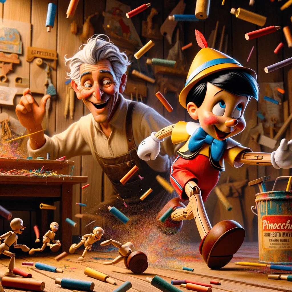 DALL·E 2023 12 08 17.41.40 Pinocchios First Steps A Scene Of Humorous Chaos In Gepettos Workshop. The Wooden Boy Is Depicted With A Look Of Surprise And Excitement As He Clum