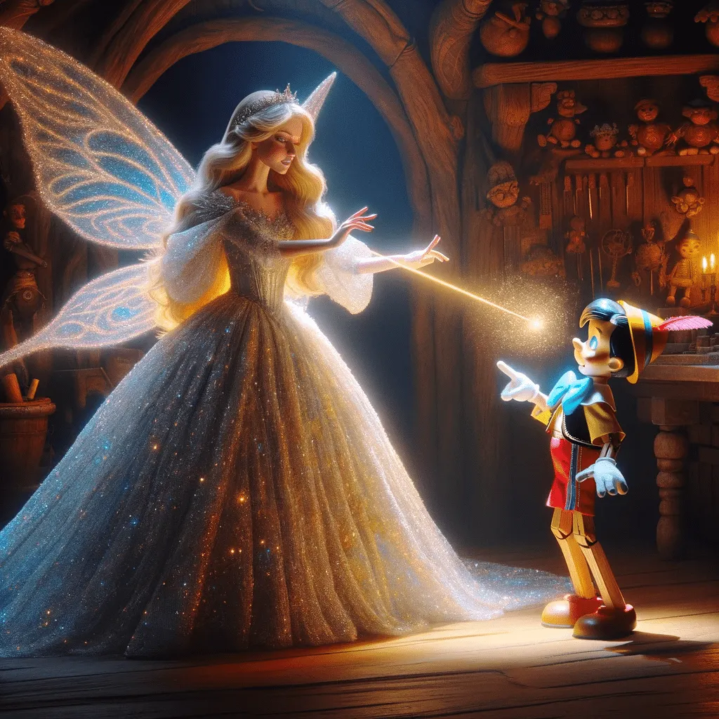 DALL·E 2023 12 08 17.55.05 A Scene Depicting A Fairy Styled As A Princess With Long Flowing Blonde Hair Wearing A Sparkling Ethereal Gown. She Is In Gepettos Workshop Grace