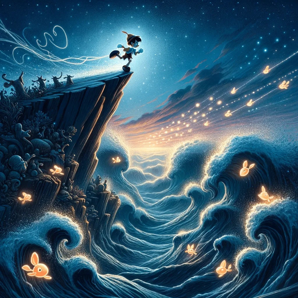 DALL·E 2023 12 08 18.00.24 Pinocchio At The Edge Of A Steep Cliff Gazes At The Vast Ocean Under The Starry Night Sky. His Heart Is Full Of Newfound Courage. As He Leaps Toward