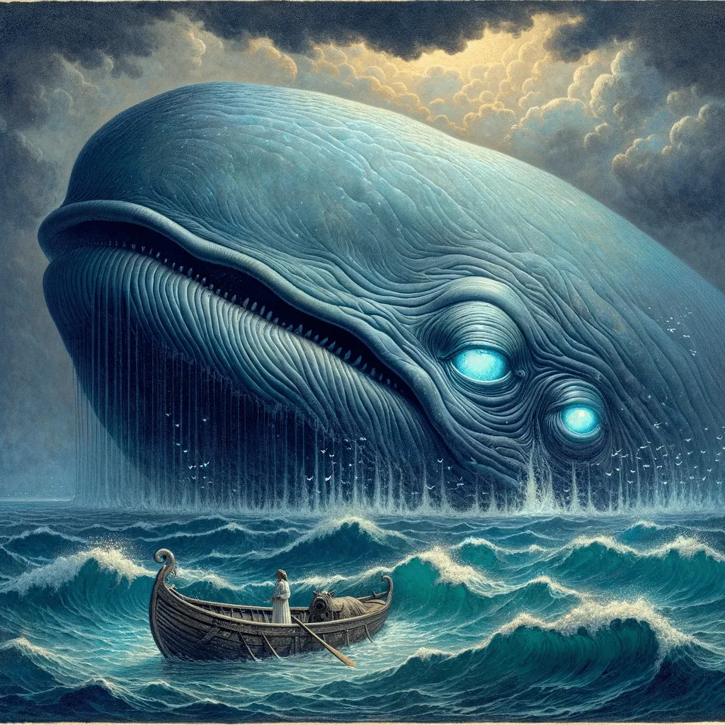 DALL·E 2023 12 08 18.01.00 A Colossal Ancient Whale Emerging Silently Under The Tumultuous Sea With Wise Luminous Eyes Enveloping Gepettos Small Boat. The Scene Is Depicted