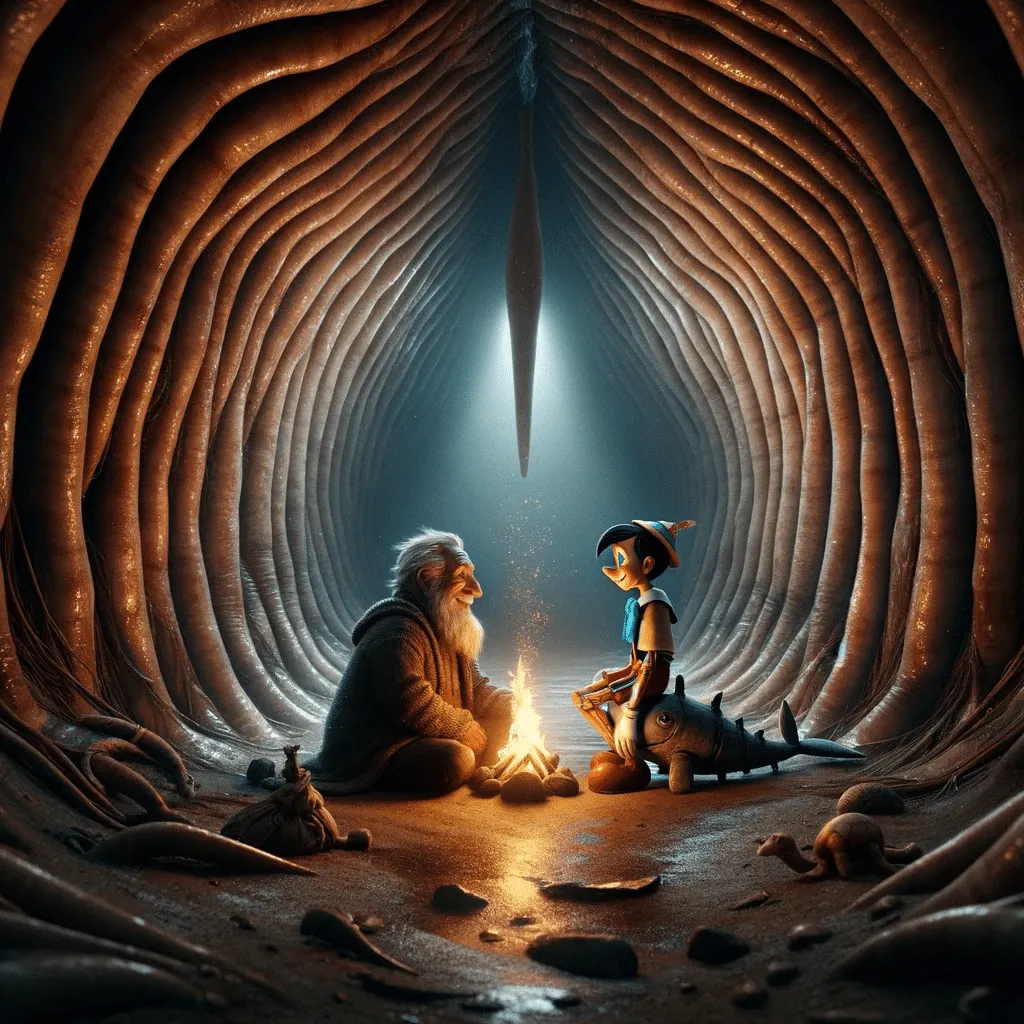 DALL·E 2023 12 08 18.05.45 Inside The Whales Stomach A Wider View Showing Gepetto An Elderly Man And Pinocchio A Wooden Boy Huddled Together Near A Small Campfire. The Env