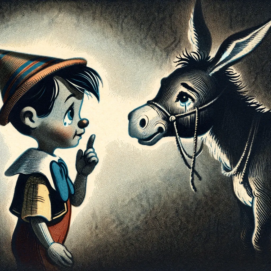DALL·E 2023 12 08 19.43.39 Early 20th Century Style Illustration Of Pinocchio Crying With Tears In His Eyes As He Whispers Goodbye To Lampwick Who Is Turning Into A Donkey In