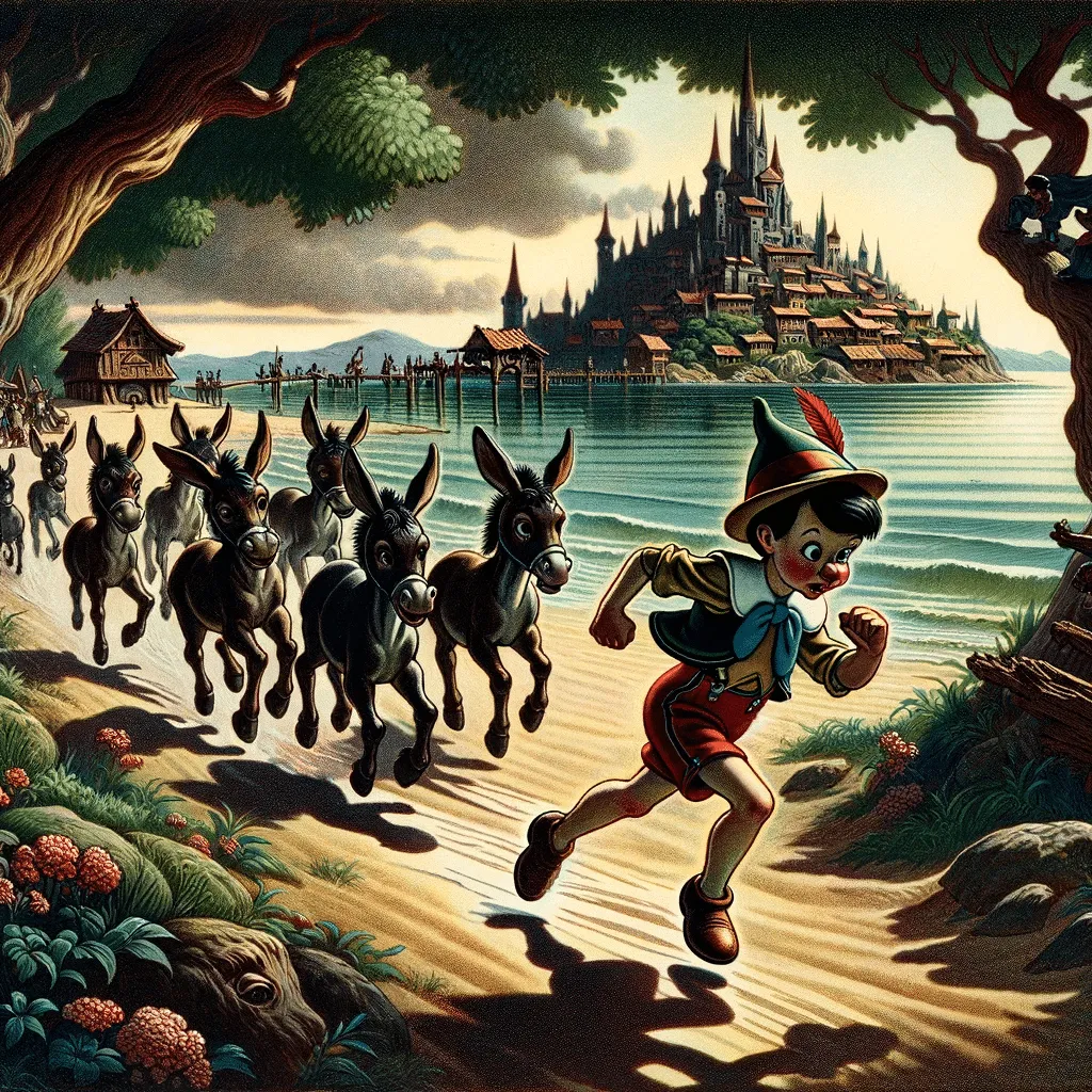 DALL·E 2023 12 08 19.43.43 Early 20th Century Fairy Tale Style Illustration Of Pinocchio Running Through The Shadows Of The Island Of Pleasures Showing His Urgent Escape With A 1