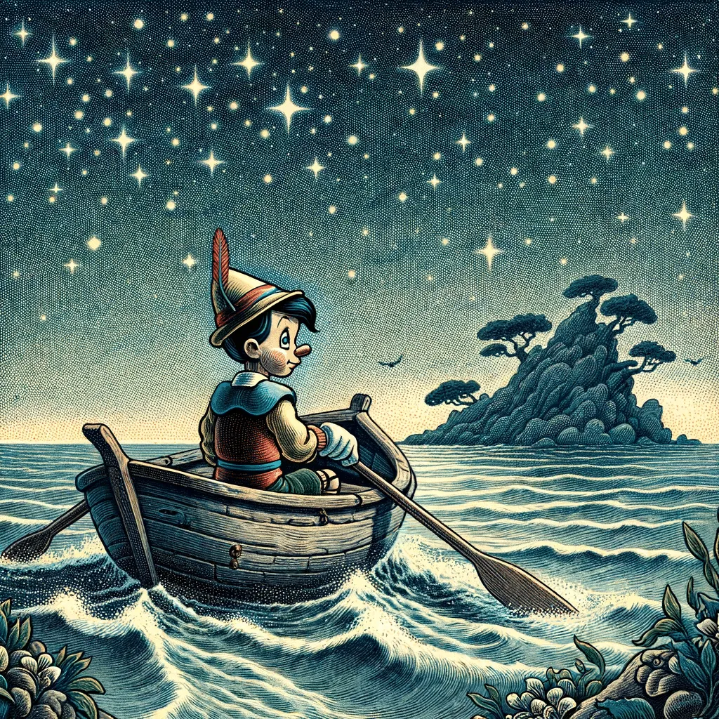 DALL·E 2023 12 08 19.43.48 Early 20th Century Style Illustration Of Pinocchio In A Small Boat Rowing Away From The Island Of Pleasures Under A Starry Night Sky Depicting A Mom