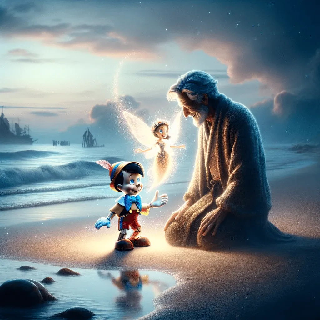 DALL·E 2023 12 08 20.19.49 Gepetto And Pinocchio On A Beach With Pinocchio Resting In His Fathers Arms. A Soft Magical Light Begins To Glow Around Them Signifying The Arriva