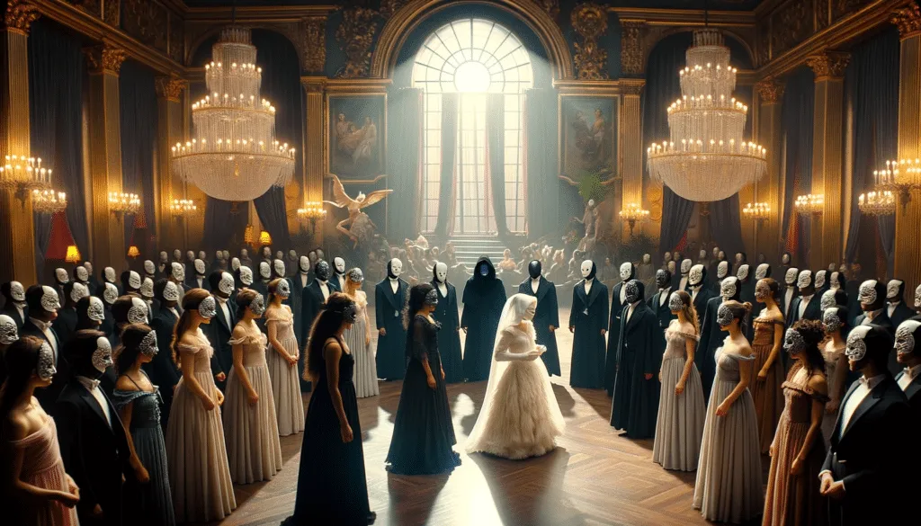 DALL·E 2023 12 10 00.35.22 Image Of Lidya Gathering Masked Dancers Of Various Genders In The Center Of The Ballroom Preparing To Reveal The Truth She Discovered Including The