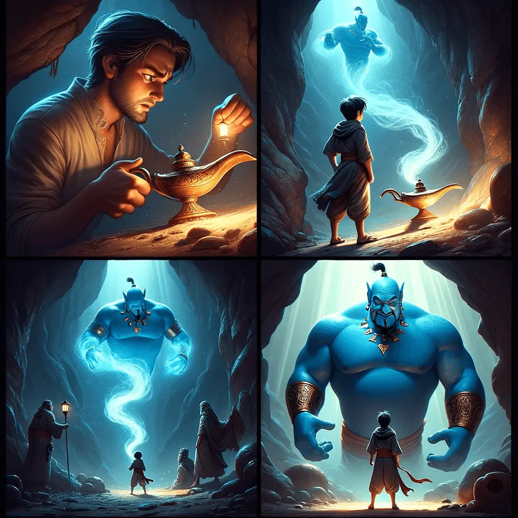 DALL·E 2023 12 10 19.59.36 1. Tarik Examining The Old Dull Lamp With Curiosity In The Dim Light Of The Cave. 2. A Mystical Blue Smoke Emerging From The Lamp Beginning To Form