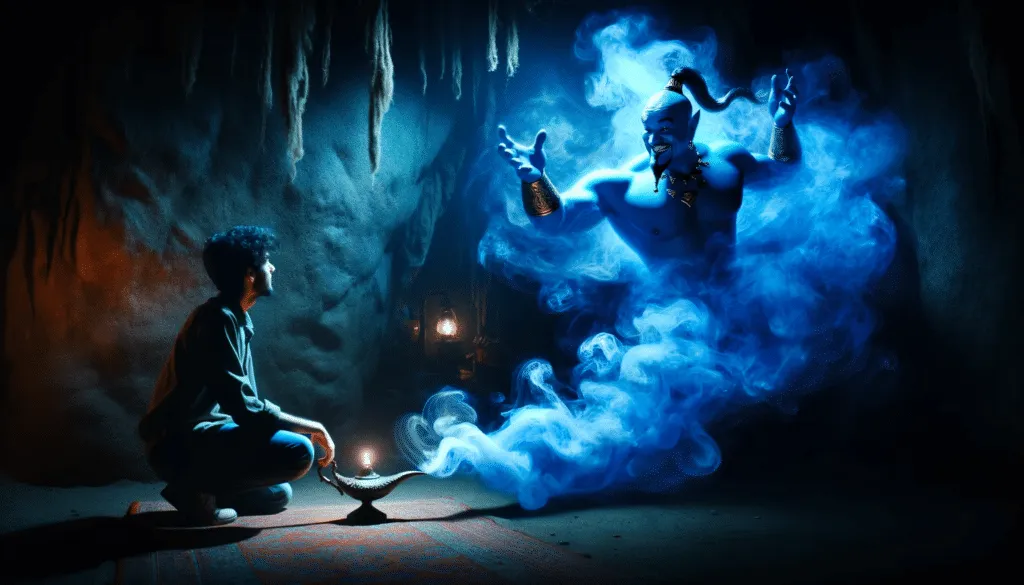 DALL·E 2023 12 10 20.00.45 A Mysterious Blue Smoke Emerging From The Lamp As Tarik Rubs It Transforming Into An Imposing Figure Of The Genie. The Scene Captures Tariks Surpris