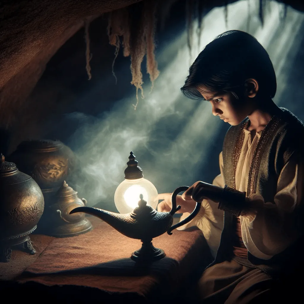 DALL·E 2023 12 10 20.01.10 Tarik Examining The Old Dull Lamp With Curiosity In The Dim Light Of The Cave Capturing The Moment Of Intrigue And Wonder In The Fairy Tale Story Of