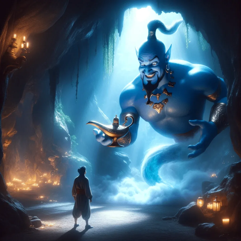 DALL·E 2023 12 10 20.01.21 The Imposing Figure Of The Genie Appearing From The Lamp Towering Over Tarik In The Cave In A Scene That Captures The Awe And Wonder Of The Magical