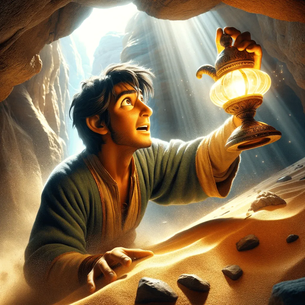 DALL·E 2023 12 10 20.01.55 Tarik Suddenly Finding Himself Outside The Cave In The Bright Desert Sunlight Holding The Lamp With A Look Of Realization And Awe On His Face Captu