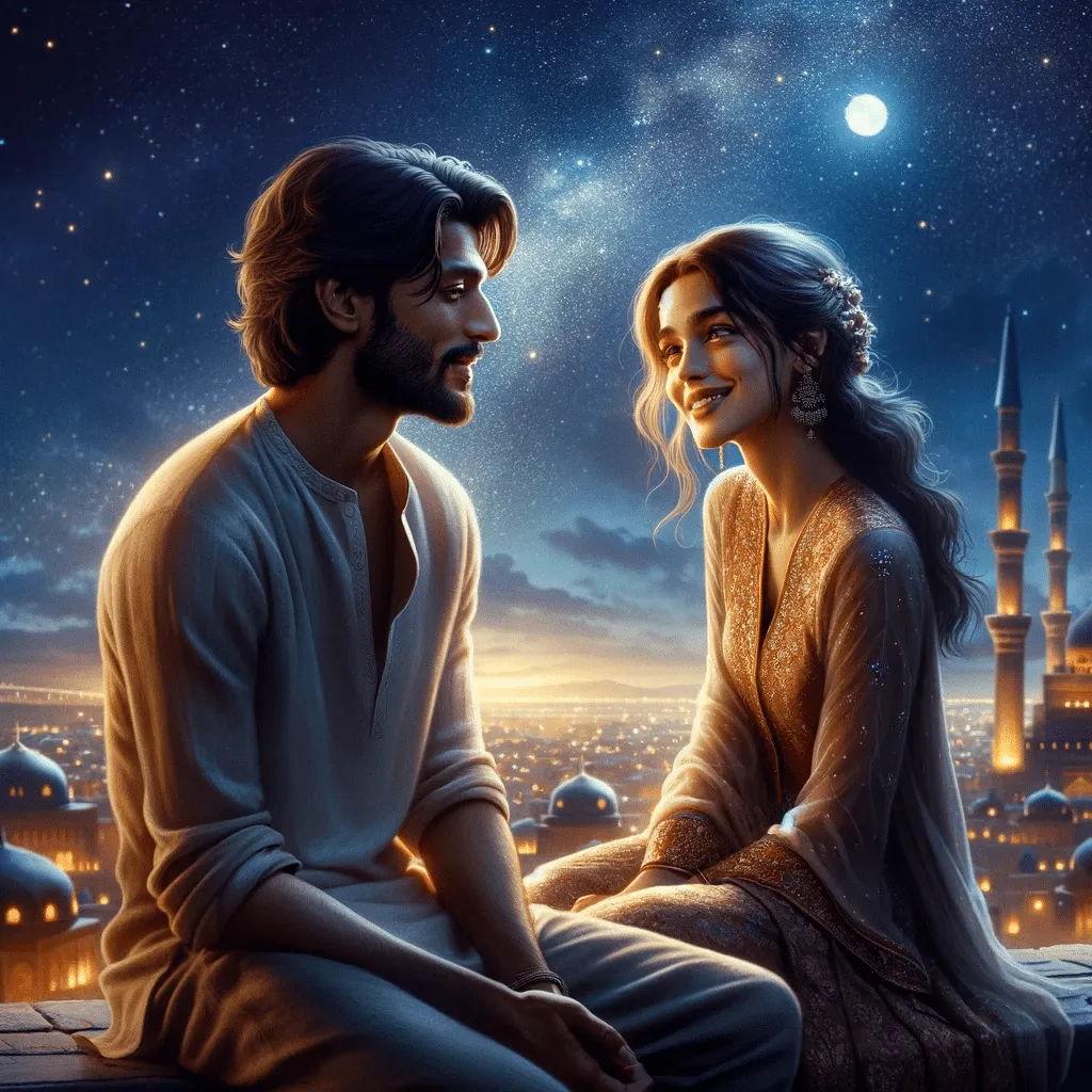 DALL·E 2023 12 10 21.09.28 Zahra And Amir Conversing Under The Stars On A Rooftop In Zafar. Zahra A Beautiful Woman With A Radiant Smile Is Dressed In An Exquisite Arabian Out