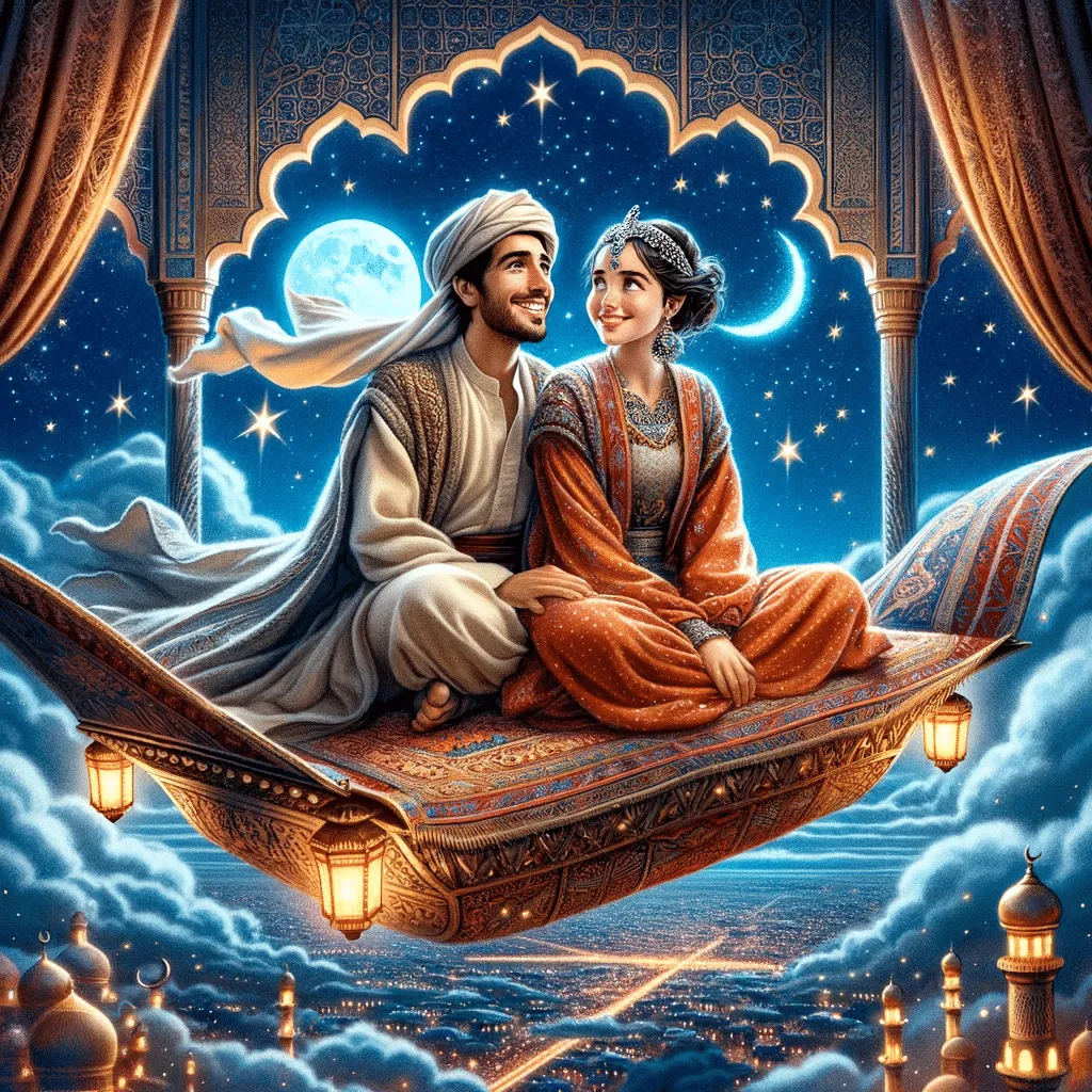 DALL·E 2023 12 10 21.45.59 Khaled E Soraya Em Um Tapete Magico Voando Sob Um Ceu Estrelado. Eles Estao Sentados Juntos Com Soraya Encantada E Khaled Mostrando Um Sorriso Cativ
