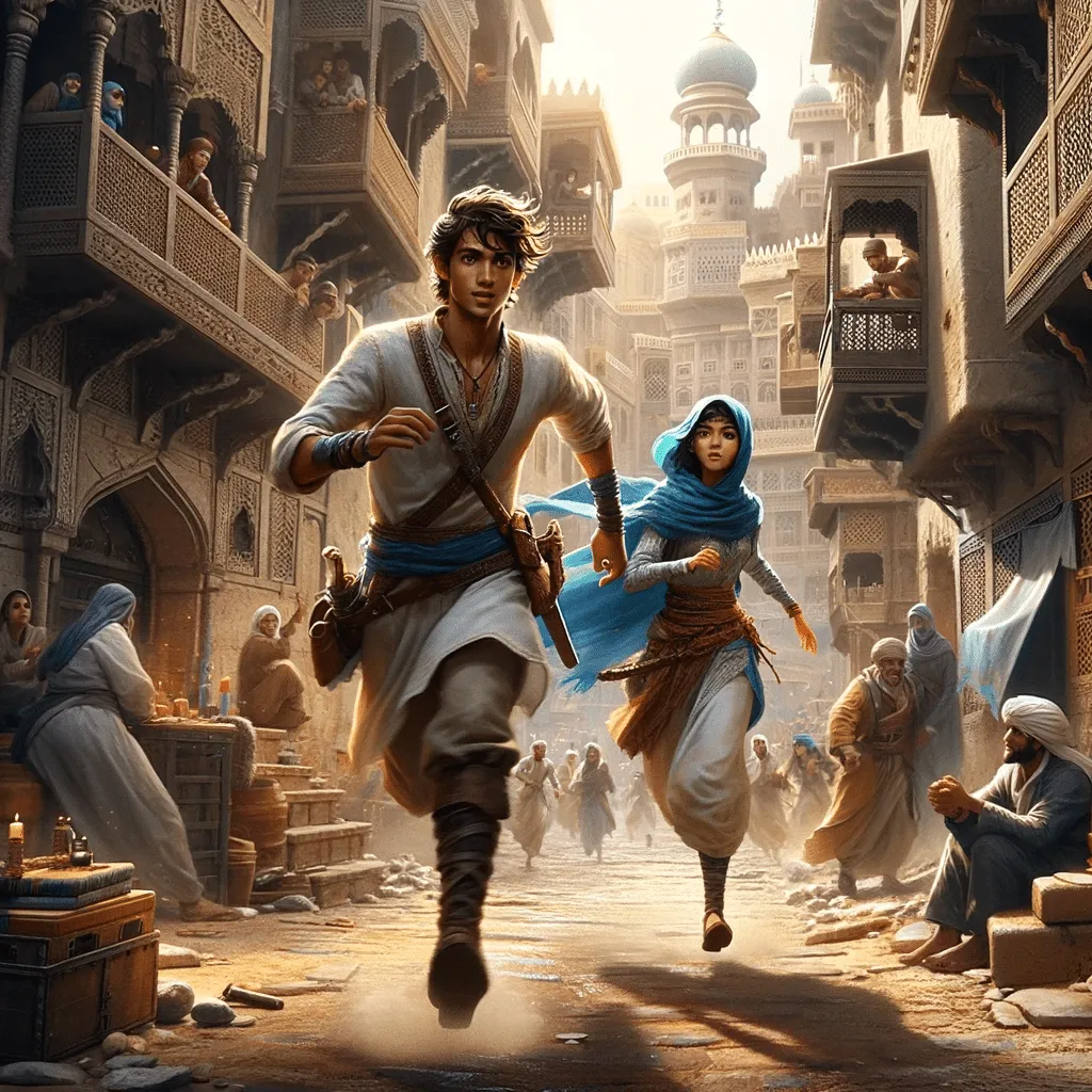 DALL·E 2023 12 10 21.47.06 Kadar The Young And Agile Man Quickly Helping Princess Lina Escape After She Is Accused Of Stealing In The Market. The Scene Shows Them Running Thro
