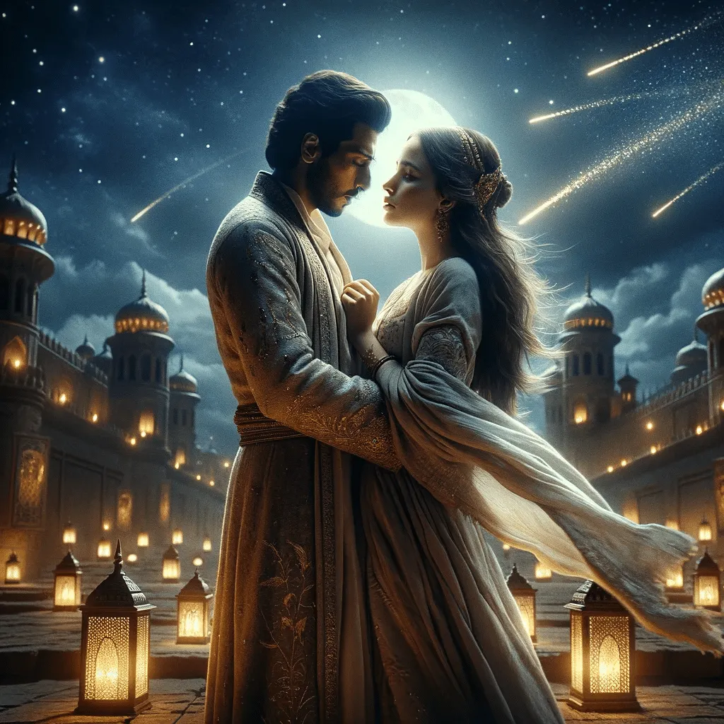 DALL·E 2023 12 10 21.47.39 Khaled E Soraya Se Despedindo Sob As Estrelas Apos O Romantico Voo De Tapete. Eles Estao No Jardim Do Palacio Com Khaled Segurando Delicadamente As