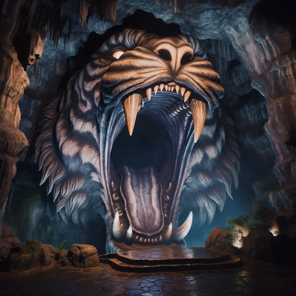 DALL·E 2023 12 10 22.18.21 A Cave Entrance Resembling A Tigers Open Mouth Set In A Mystical And Eerie Environment. The Entrance Is Shaped Like A Giant Tigers Head With Its Ja