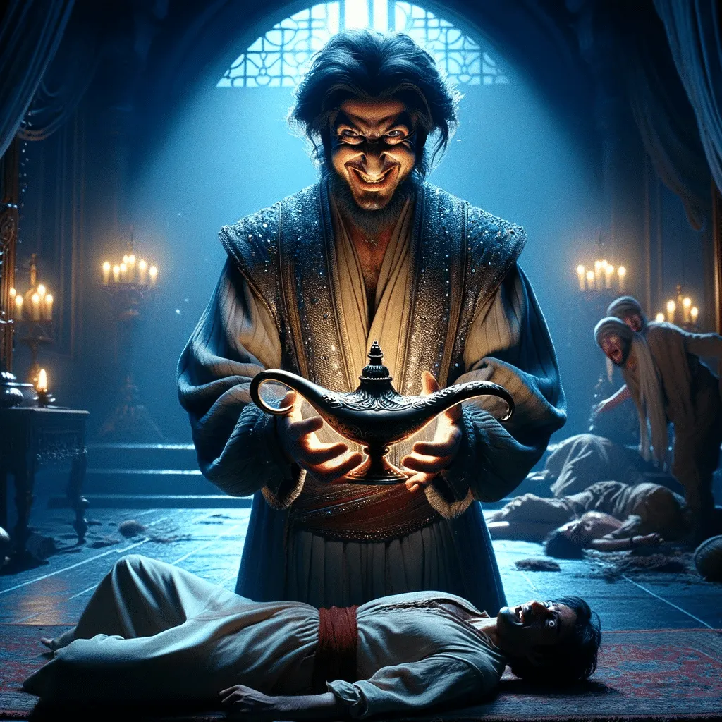 DALL·E 2023 12 10 23.33.31 Zahir Standing Triumphantly With The Enchanted Lamp In His Hands His Face Twisted In A Malicious Grin In A Dimly Lit Room With Karim Lying Defeate