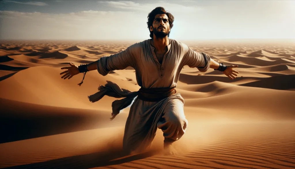 DALL·E 2023 12 10 23.55.43 Amir Se Levantando Determinado No Deserto Pronto Para Enfrentar Os Desafios Que O Aguardam. O Cenario E Um Vasto Deserto Arido Com Dunas De Areia E U