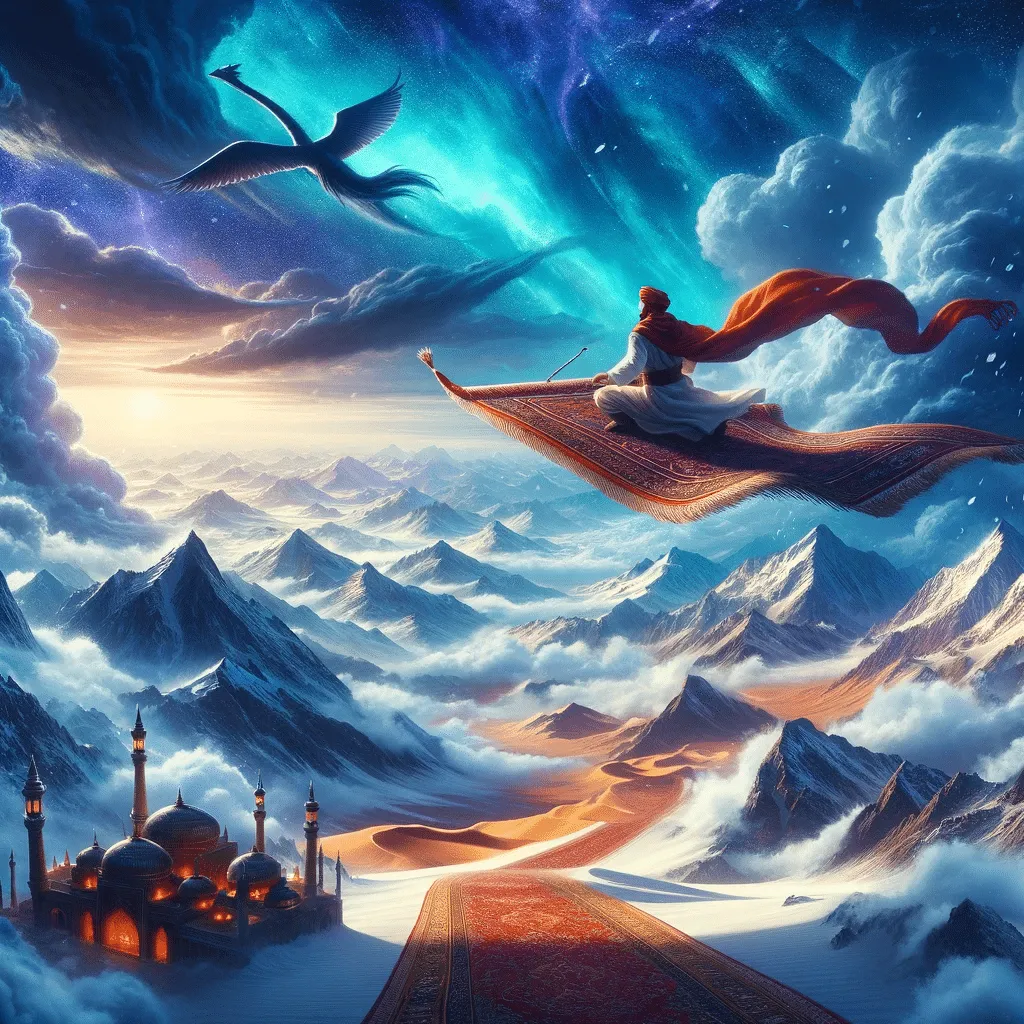 DALL·E 2023 12 10 23.57.16 Amir Flying On A Magical Carpet Soaring Over Endless Deserts Snowy Mountains And Stormy Seas Showcasing A Journey Filled With Challenges And Deter
