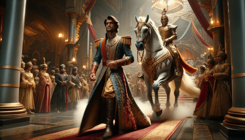 DALL·E 2023 12 11 19.45.27 Principe Turik Preparando Se Para Ir Ao Palacio. Ele Esta Vestido Com Trajes Reais Magnificos Ao Lado De Uma Comitiva Esplendida E Um Cavalo Impressi