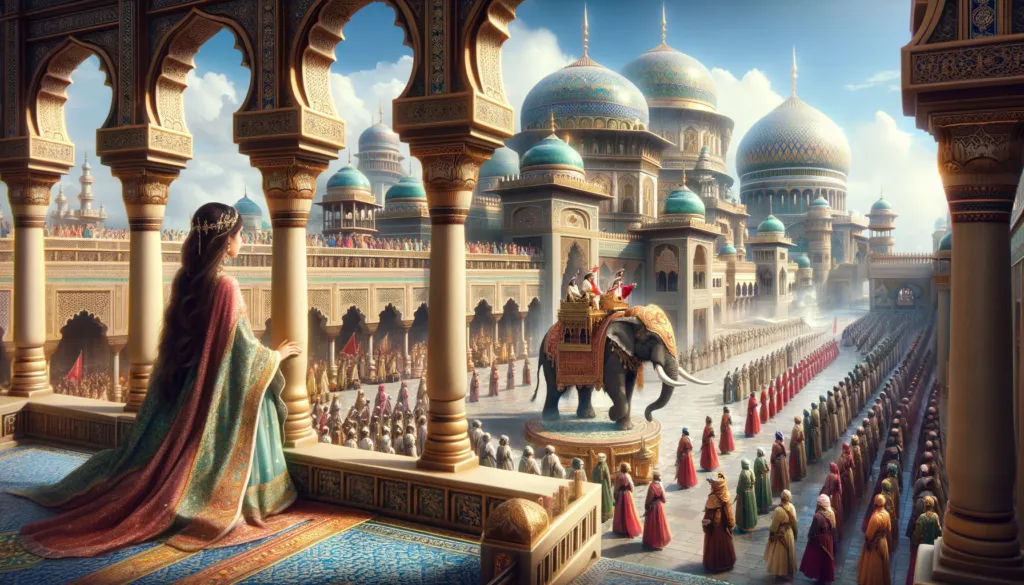 DALL·E 2023 12 11 19.56.34 A Panoramic Scene Set In A Fictional Middle Eastern Kingdom Depicting A Princess On A Balcony In Traditional Middle Eastern Royal Attire. She Observe