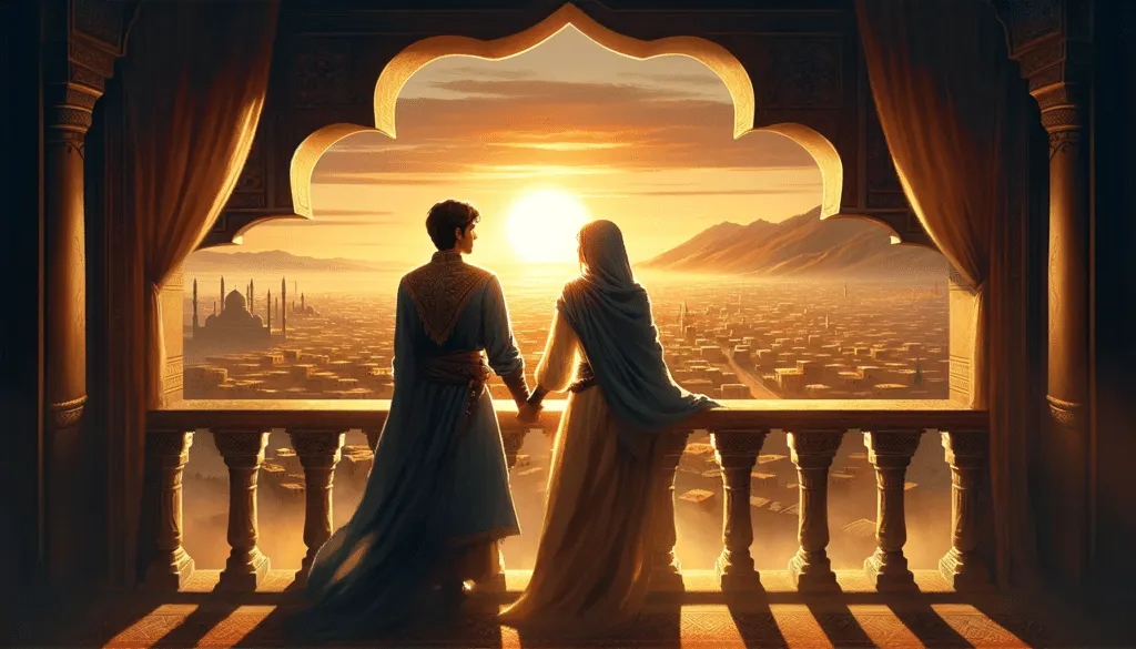DALL·E 2023 12 12 09.27.17 Karim And Leila Gazing Into The Future Together Standing On A Balcony Overlooking The Kingdom Of El Zahra At Dawn. The Scene Depicts A New Beginning