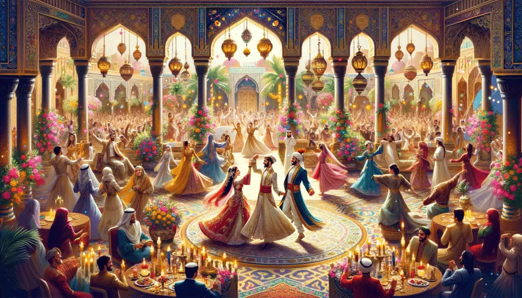 DALL·E 2023 12 12 09.27.22 The Joyful Wedding Of Karim And Leila In An Opulent Palace Courtyard Filled With Music Dance And Celebration. The Courtyard Is Beautifully Decorate