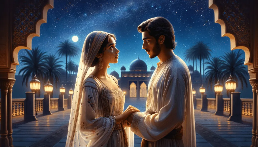 DALL·E 2023 12 12 09.27.25 Leila Confessing Her Love To Karim In The Palace Gardens Under A Starry Night Sky. The Scene Is Romantic And Intimate With Leila Wearing A Beautiful