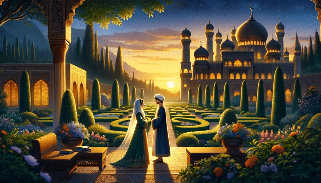DALL·E 2023 12 12 09.27.35 Karim And Leila Meeting In The Gardens Of A Palace At Dusk Under A Golden Twilight Sky. The Scene Is Set In An Arabic Fairy Tale With Traditional Ar