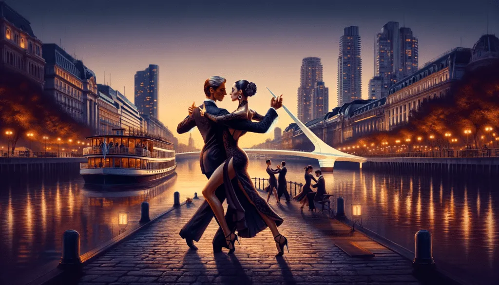 DALL·E 2023 12 23 21.05.57 An Elegant Couple Dancing Tango By The Waterfront Of Puerto Madero In Buenos Aires At Dusk. The Style Should Be Rich In Texture And Color Capturing T