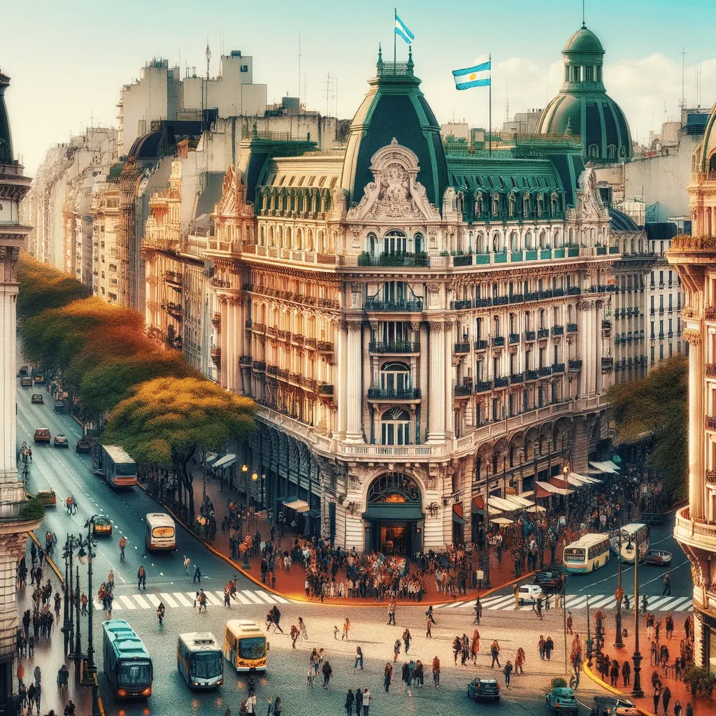 Avenida de Mayo: Esta cena mostra a vibrante Avenida de Mayo, com seus edifícios históricos e influência arquitetônica europeia. É uma representação artística que pode não corresponder exatamente à realidade.