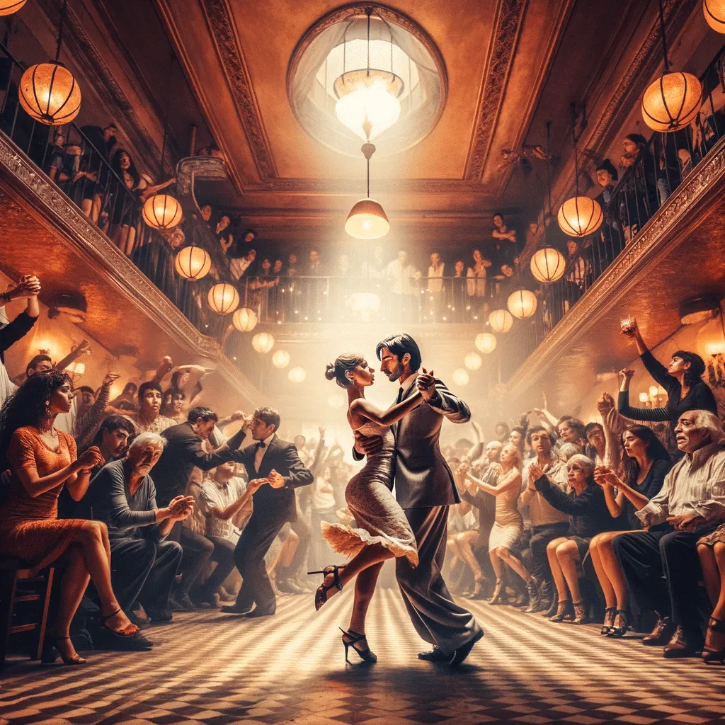 Tango: A imagem captura a energia e a paixão do tango em Buenos Aires, com um casal performando em uma milonga. Lembre-se de que esta é uma representação artística e pode não refletir exatamente a cena real.