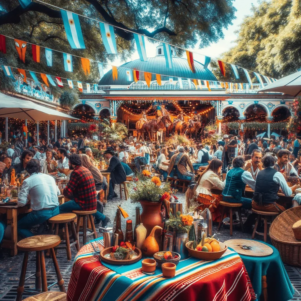 Feira de Mataderos: Representando a Feira de Mataderos, esta imagem vibrante e cultural mostra o artesanato tradicional argentino e a música folclórica. Esta é uma representação artística e pode não corresponder precisamente à realidade.